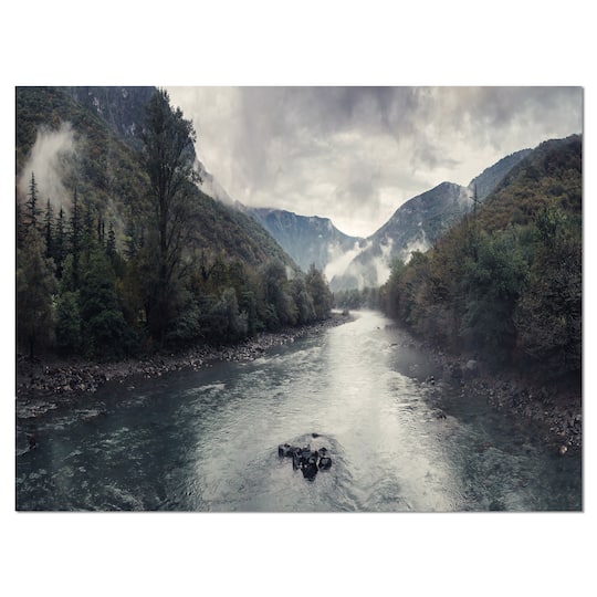 Designart - Mountain River with Fog and Rain